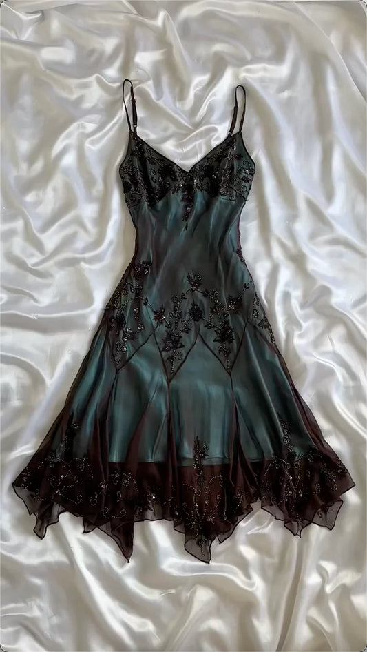 Vintage Dark Green Beaded Embroidery Prom Dress Sheath V-neck Evening Dress Formal Dress TP4685