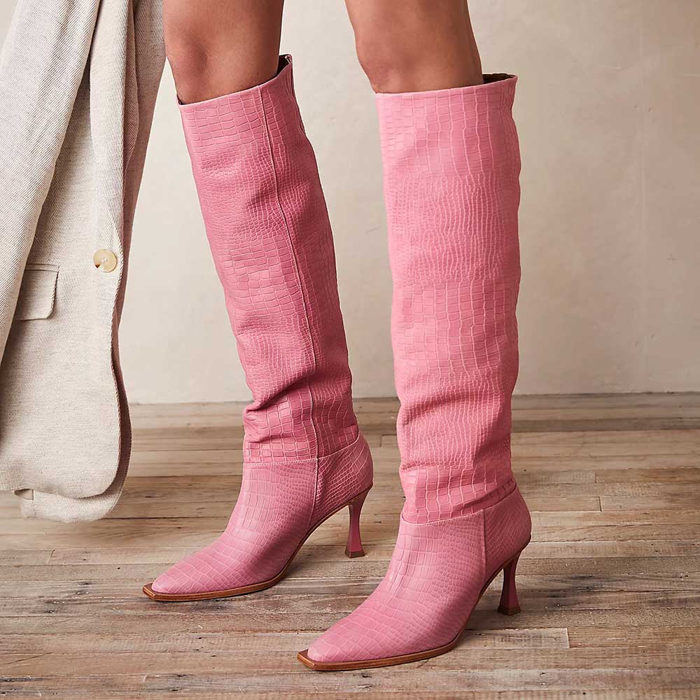 Pink Snip Toe 3'' Kitten Heel Wide Calf Croc Embossed Knee High Boots
