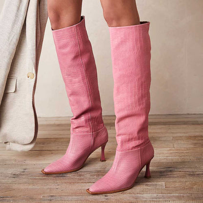 Pink Snip Toe 3'' Kitten Heel Wide Calf Croc Embossed Knee High Boots