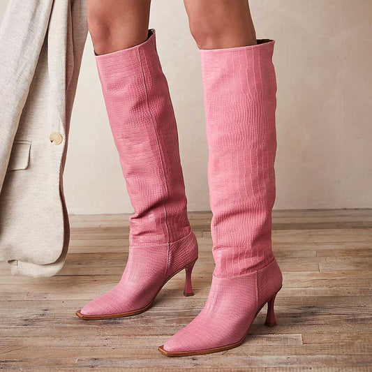 Pink Snip Toe 3'' Kitten Heel Wide Calf Croc Embossed Knee High Boots