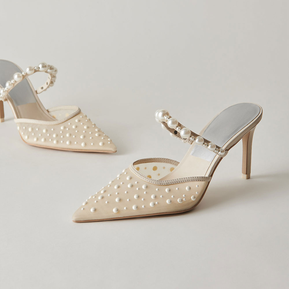Beige Mesh Pointed Toe Pearl Embellished Wedding Shoes Mule Heels