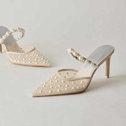 Beige Mesh Pointed Toe Pearl Embellished Wedding Shoes Mule Heels