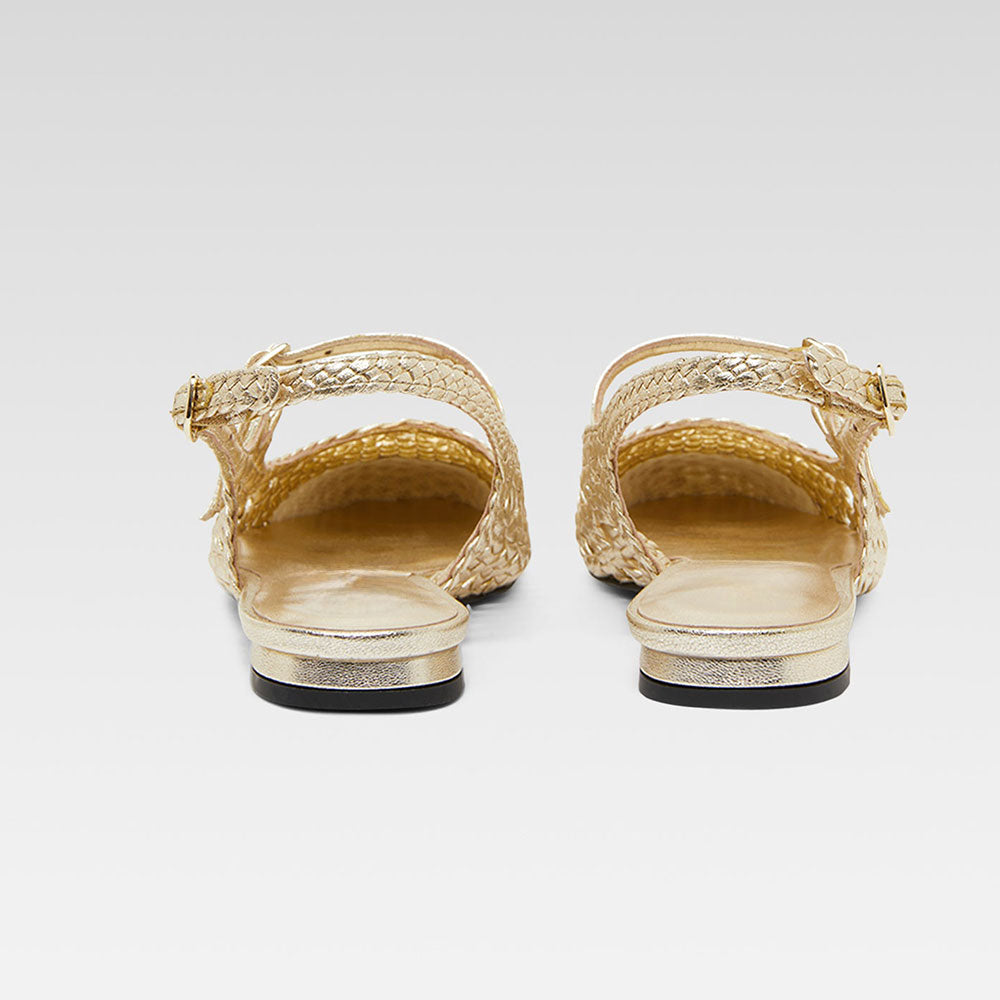 Gold Woven Round Toe Buckled Strappy Mary Jane Flats with Slingback