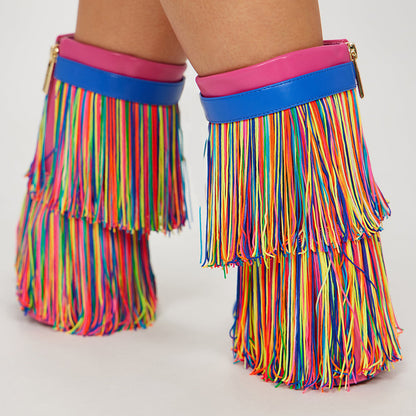 Multicolor Open-Toe Fringe Flats Strappy Mid-Calf Summer Boots