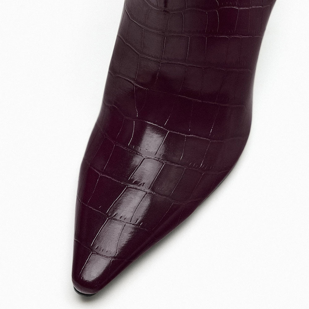 Brown Pointed Toe Stiletto Heel Wide Calf Knee High Boots