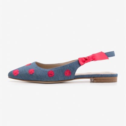 Blue Denim Pointy Toe Flats Sequin Embellished Slingback Shoes