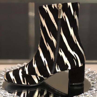 Black & Champagne Block Heel Round Toe Ankle Boots