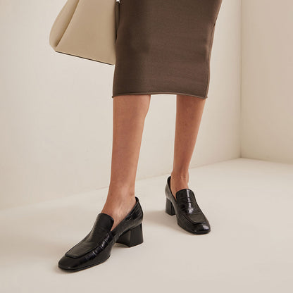 Black Croco Embossed Square Toe Block Heeled Loafers for Women