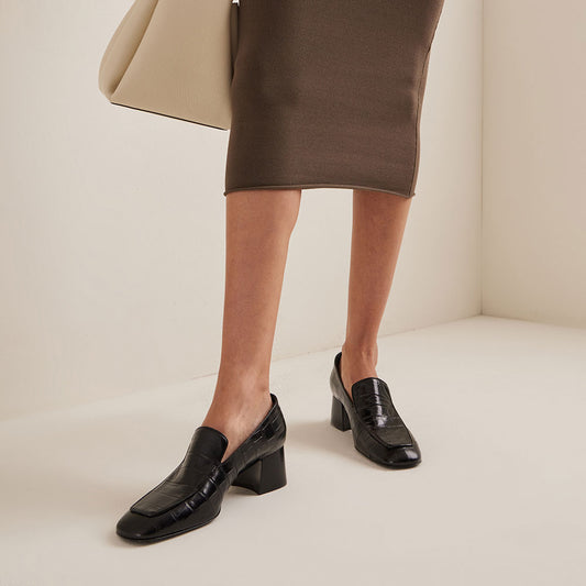 Black Croco Embossed Square Toe Block Heeled Loafers for Women