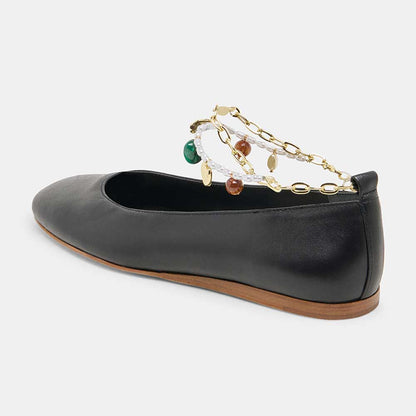 FSJ Women's Black Round Toe Jewelry Decor Gold Chain Flats