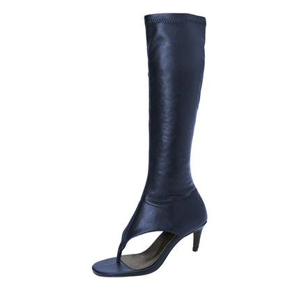Navy Kitten Heel Open Round Toe Knee High Boots with Zipper