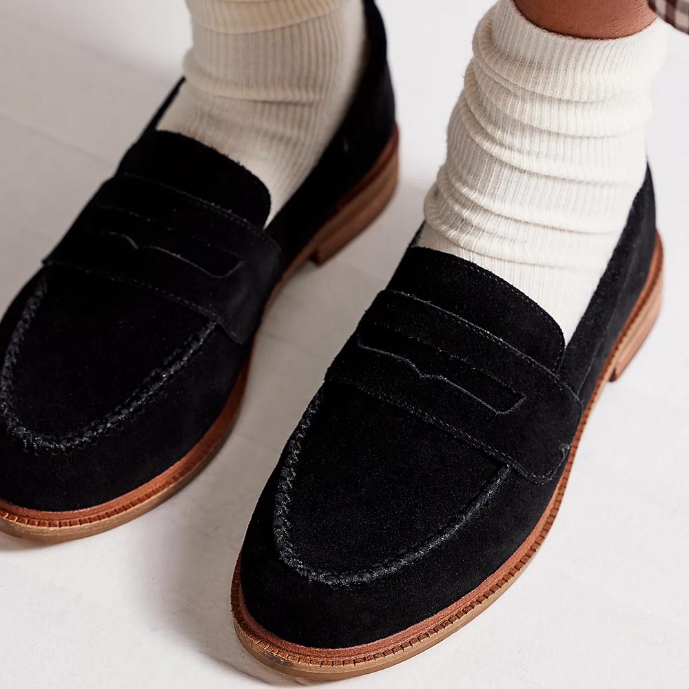 Black Faux Suede Round Toe Low Chunky Heel Loafers