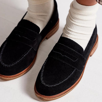 Black Faux Suede Round Toe Low Chunky Heel Loafers