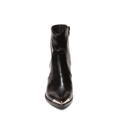 Black Pointed Toe Chunky Heel Side Zipper Western Ankle Boots