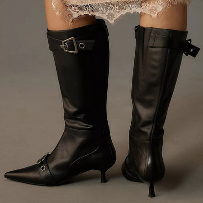 Black Buckle Strap Pointed Toe Kitten Heel Zipper Mid Calf Boots