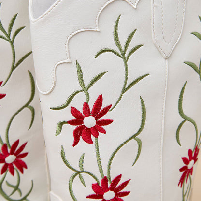Elegant White Pointed Toe Flowers Embroidered Mid-Calf Cowgirl Boots