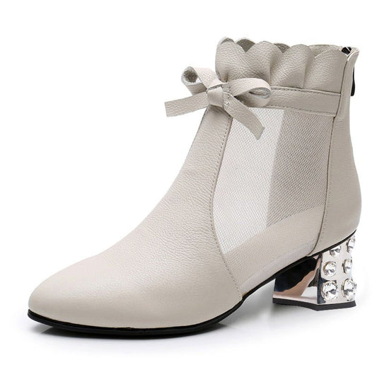 White Mesh Closed Toe Decorative Heel Ankle Boots with Bow