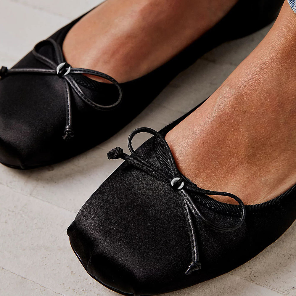 Black Satin Square Toe Flats With Bow Decor Women's Flats