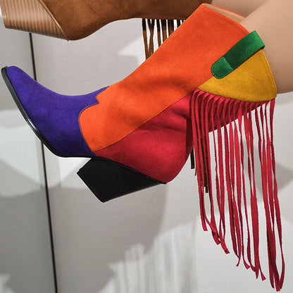 Women's Multicolor Patchwork Fringe Cowgirl Boots with Chunky Heels