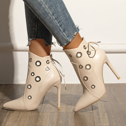 Beige Pointy Toe 3'' Stiletto Heel Studded Ankle Boots