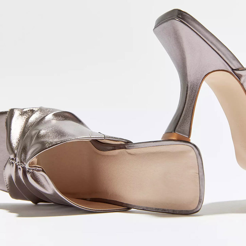 Stylish Silver Metallic Square Toe Flared Heel Ruched Mules for Women