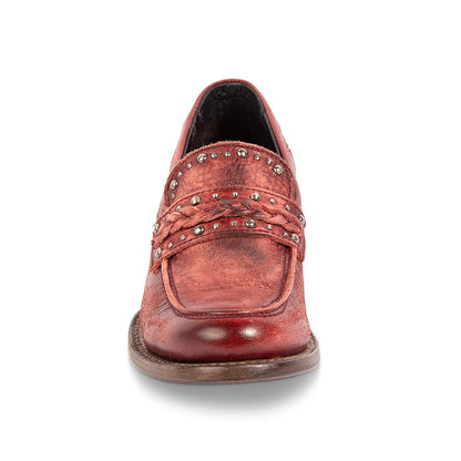 Maroon Distressed Block Heel Slip On Studded Low Heeled Loafers Women