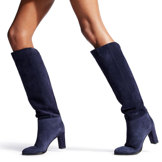 Navy Vegan Suede Round Toe Chunky Heel Knee High Boots