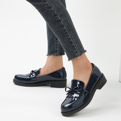Black Patent Leather Closed Toe Chunky Heel Loafers with Bow
