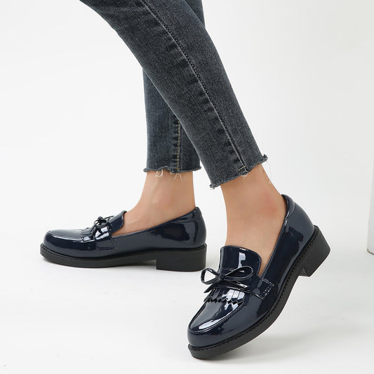 Black Patent Leather Closed Toe Chunky Heel Loafers with Bow