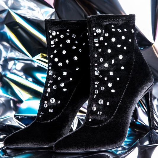Black Velvet Rhinestone Embellished Stiletto Heel Ankle Boots