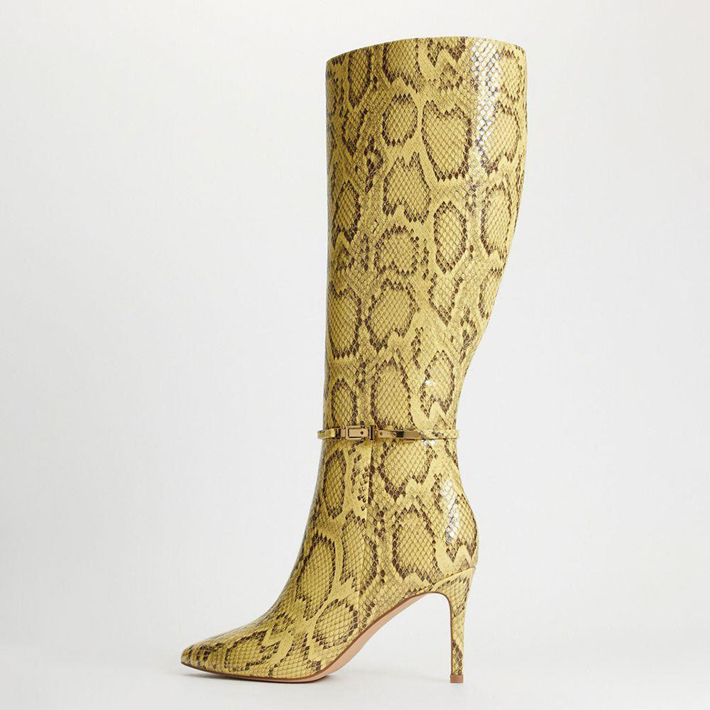 Yellow Python Embossed Stiletto Heel Buckle Decor Knee High Boots