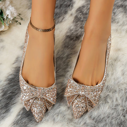 Women's Pointed Toe Glitter Bow Embellished Block Heel Pumps