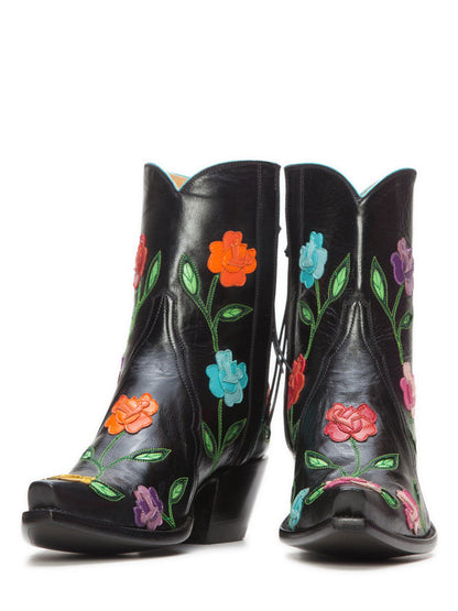 Black Decorative Floral Inlay Snip Toe Chunky Heel Zipped Ankle Boots