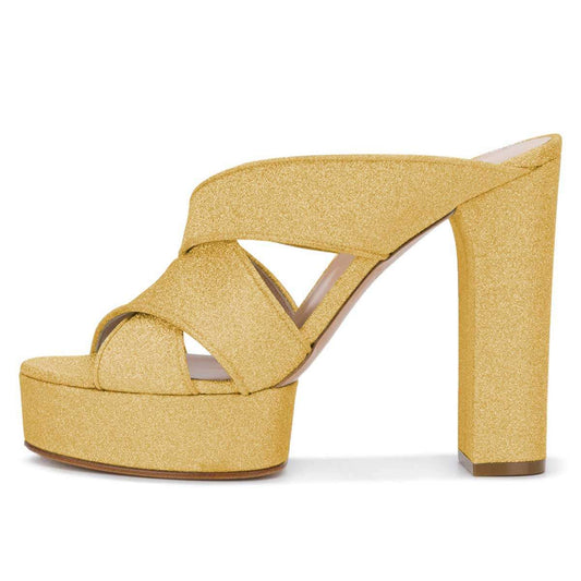 Yellow Glitter Platform Mules Peep Toe Chunky Heels