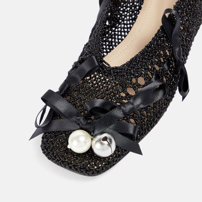 Woven Square Toe Bell and Pearl Decorative Bow Ballet Flats in Black