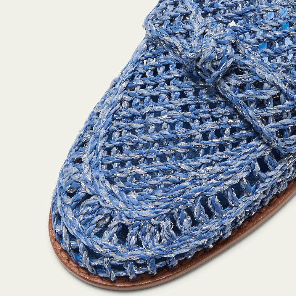 Blue Braided Raffia Round Toe Flat Women's Loafers with Knotted Bow