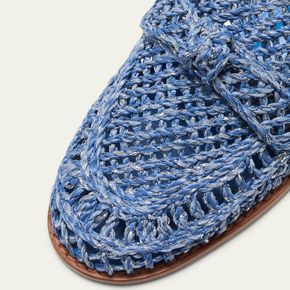 Blue Braided Raffia Round Toe Flat Women's Loafers with Knotted Bow