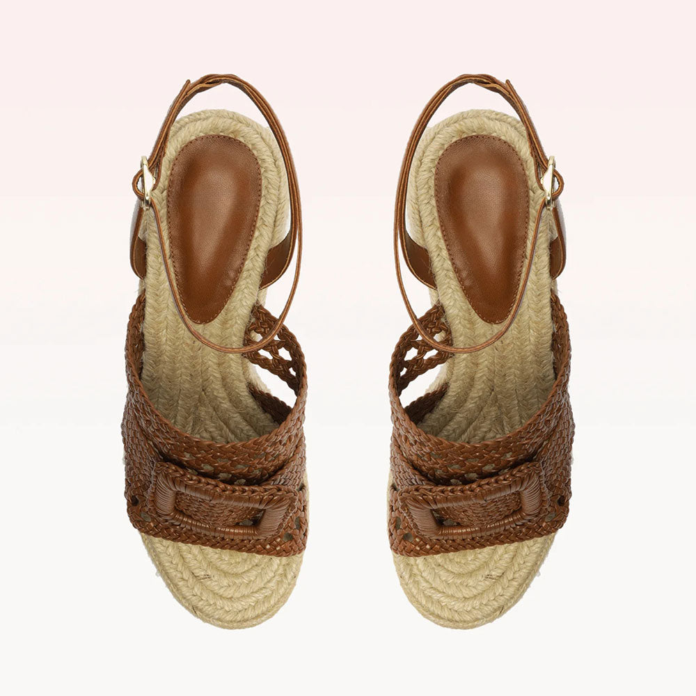 Brown & Beige Woven Buckled Ankle Strap Platform Wedge Sandals