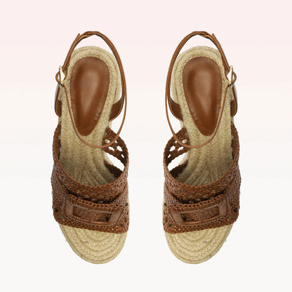 Brown & Beige Woven Buckled Ankle Strap Platform Wedge Sandals