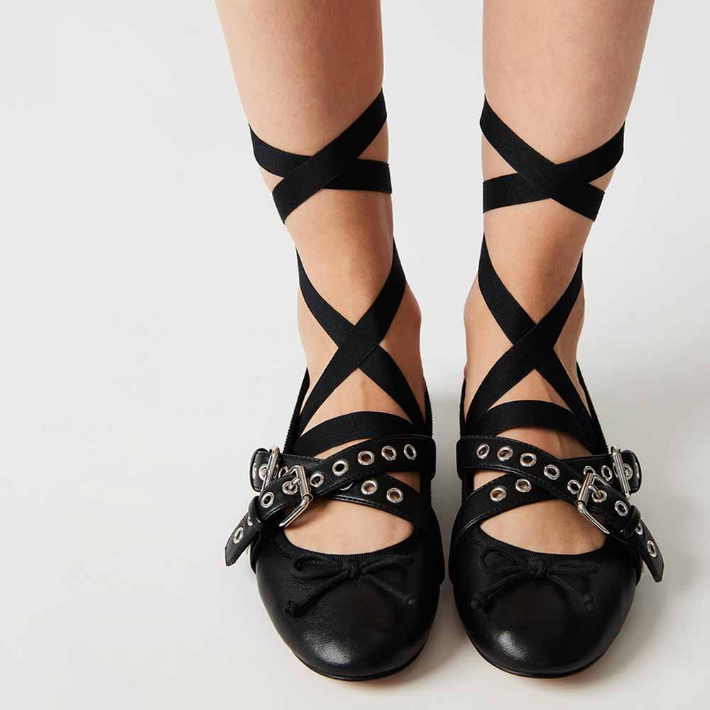 Black Round Toe Grommet Buckle Strap Lace Up Flats with Bowknot