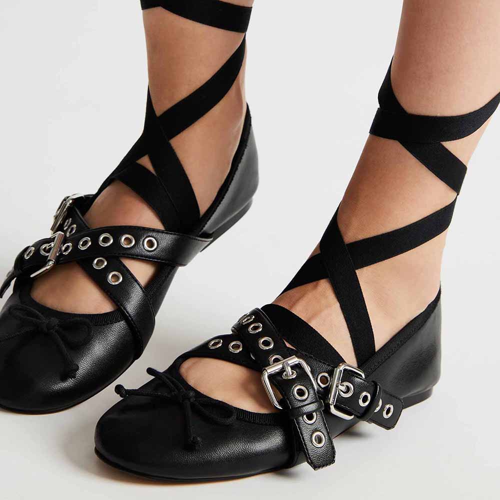 Black Round Toe Grommet Buckle Strap Lace Up Flats with Bowknot