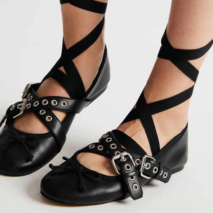 Black Round Toe Grommet Buckle Strap Lace Up Flats with Bowknot