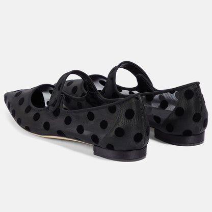 Black Pointed Toe Polka Dot Print Mary Jane Ballet Flats