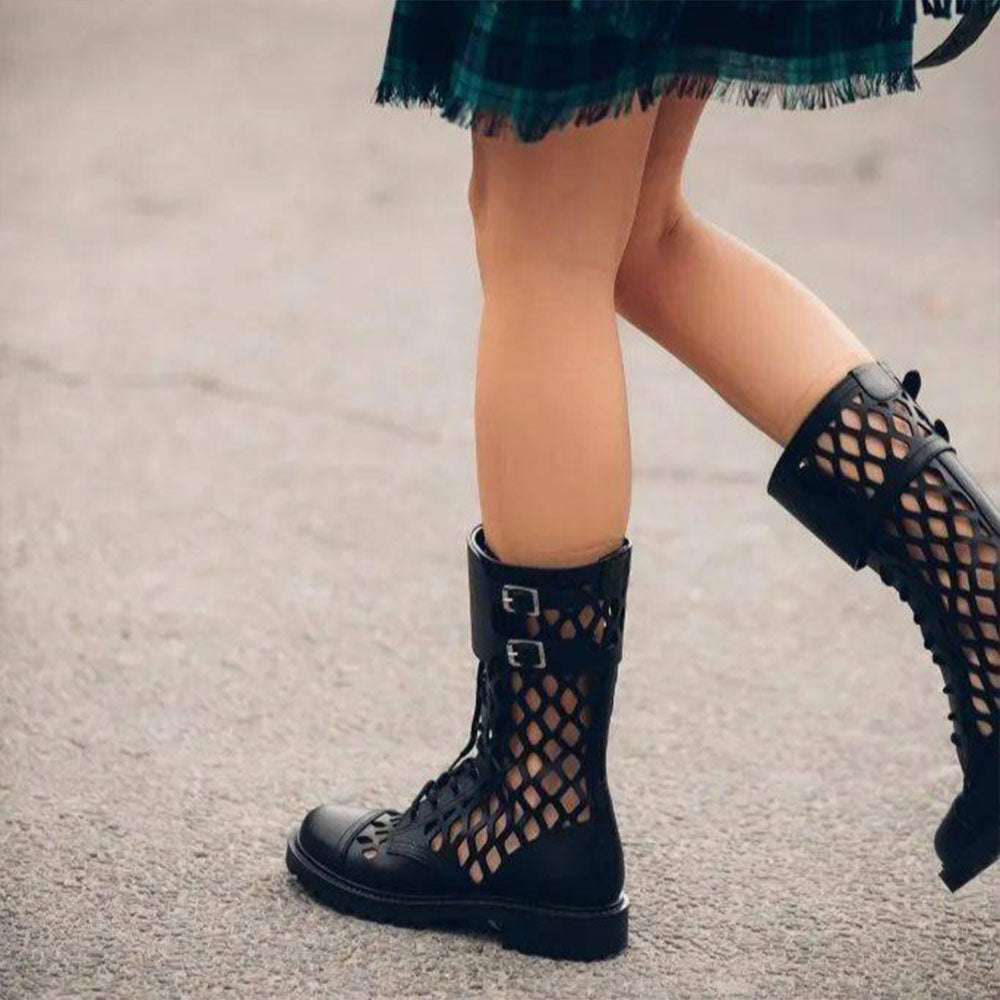Black Buckle Lace-Up Hollow Out Round Toe Mid Calf Boots