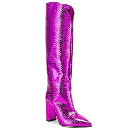 Fuchsia Textured Pointed Toe Block Heel Slip On Knee High Boots