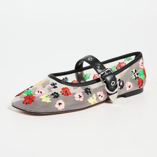 White Mesh Multi Color Floral Embroidery Buckle Strap Mary Jane Flats