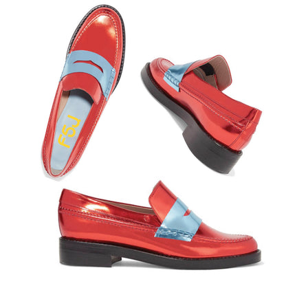 Red Shiny Vegan Leather Round Toe Trending Flat Penny Loafers Women
