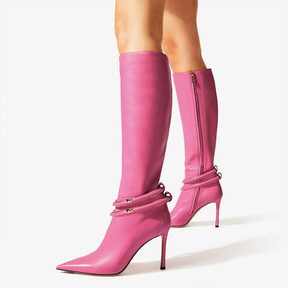Stylish Pink Pointed Toe Strap Decor Stiletto Heel Knee High Boots
