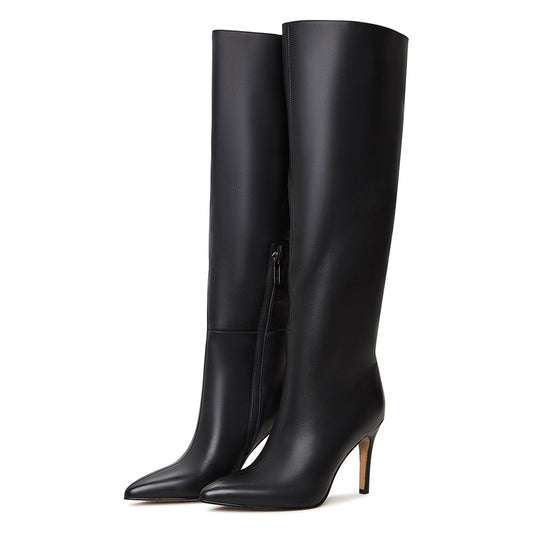 Black Pointed Toe Half-Zipper Stiletto Heel Knee High Boots for Women