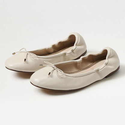 Ivory Bow Elastic Top Line Slip-On Ballet Flats with Round Toe